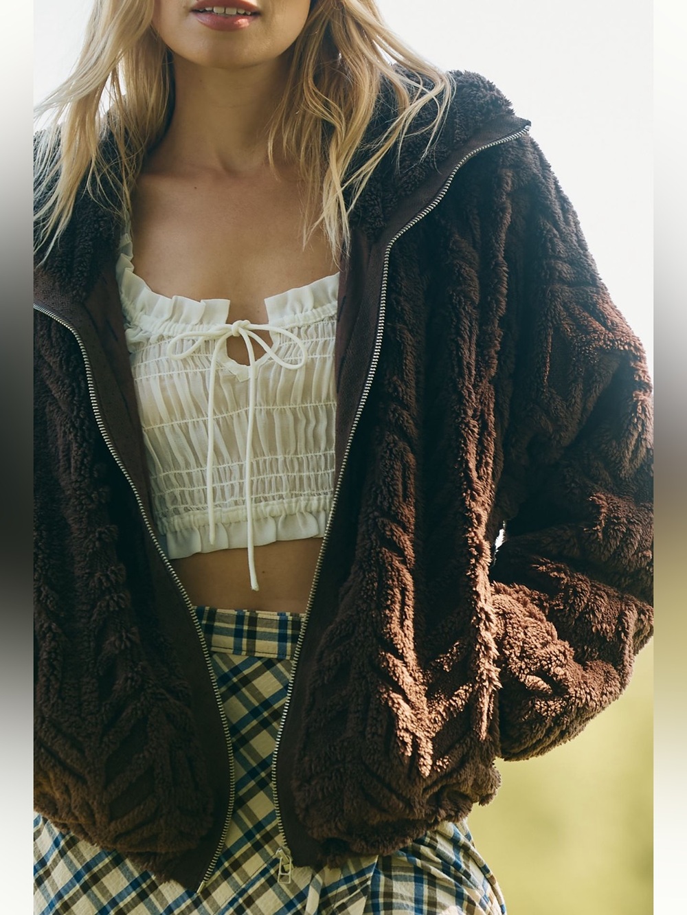 Anthropologie Textured Fuzzy Coat Jacket Pilcro Collared Faux Fur New XL Brown